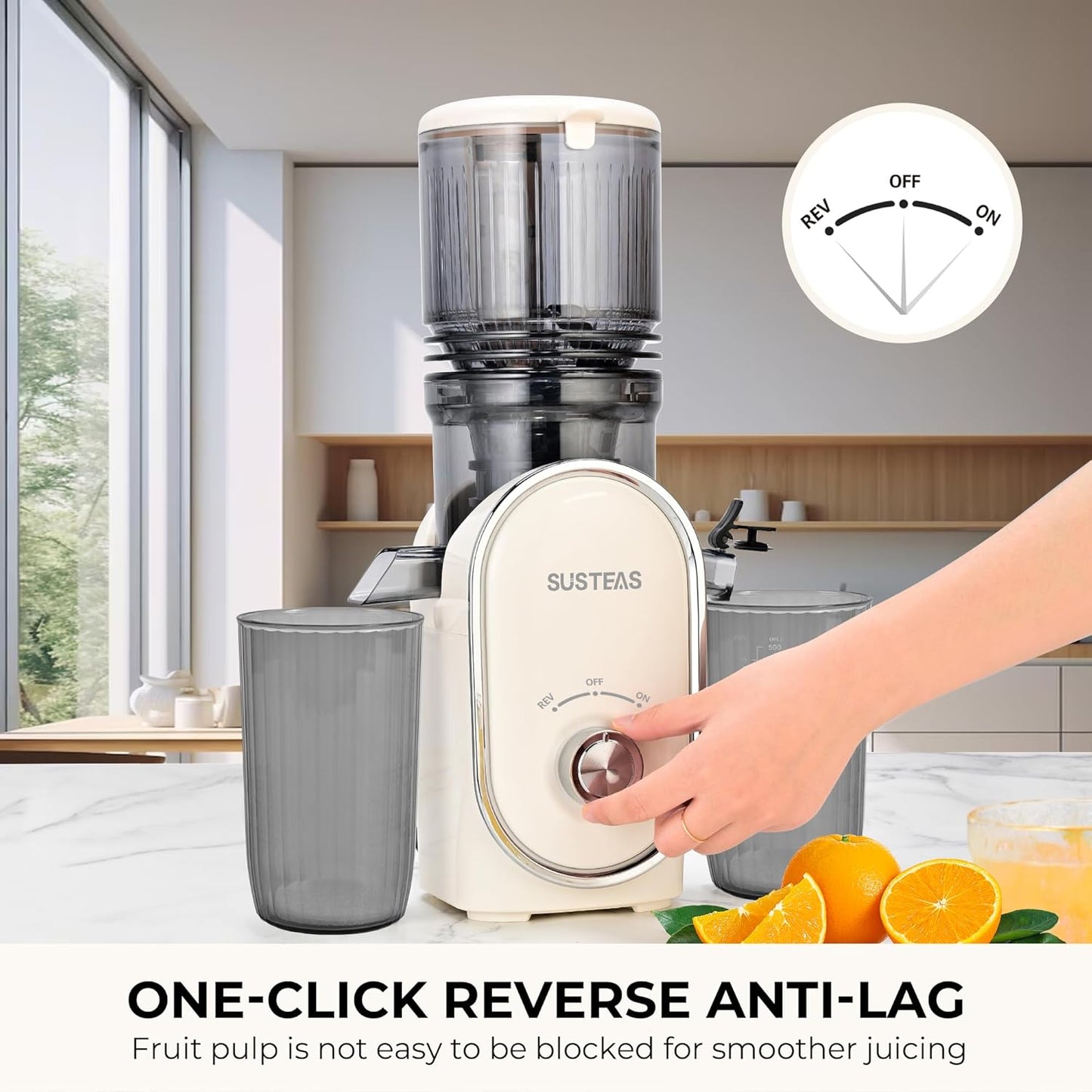 SUSTEAS Cold Press Juicer, 300W, 5.3" Large Feed Chute, 1.5L Capacity, Automatic Feeding, High Yield, Easy to Clean, Ideal for Whole Fruits & Vegetables, Black