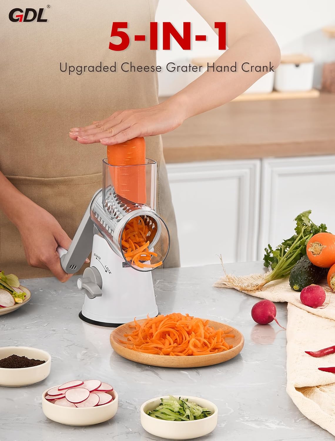 Cheese Grater Rotary, Rotary Grater for Kitchen, Kitchen Grater Vegetable Slicer with 3 Drum Blades, Fast Cutting Cheese Shredder for Vegetables and Nuts