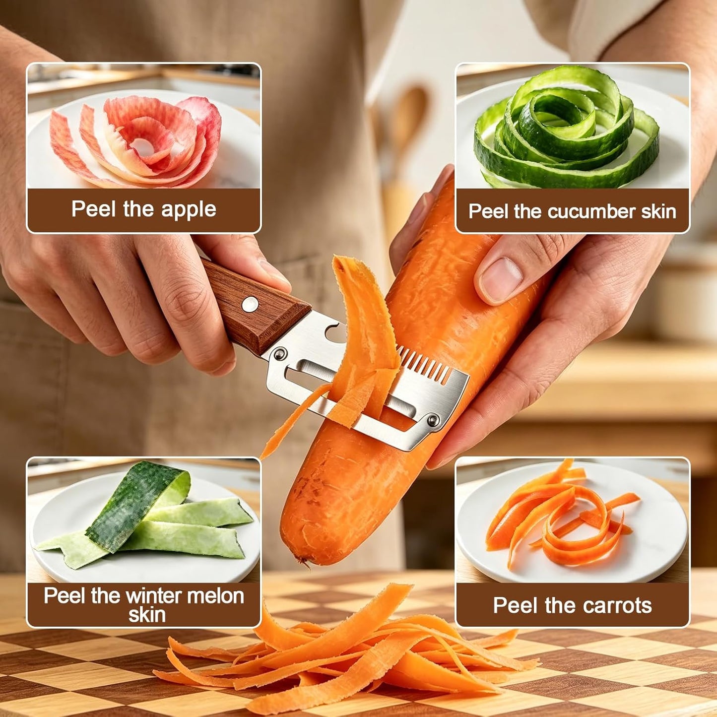Vegetable Peeler with Wooden Handle, 3-in-1 Multifunctional Peelers for Kitchen - Scallion Shredder, Julienne Slicer & Bottle Opener, Stainless Steel Blade, Potato Carrot Fruit（2 Pack）