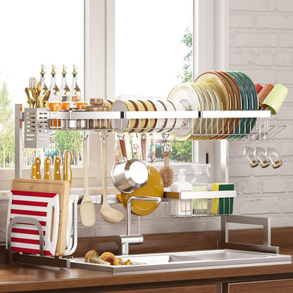 PUSDON Over the Sink Dish Drying Rack, 2 Tier Adjustable Large Capacity Stainless Steel Dish Rack for Kitchen Counter, Heavy Duty Space Saver Organizer with Utensil Holder, Black