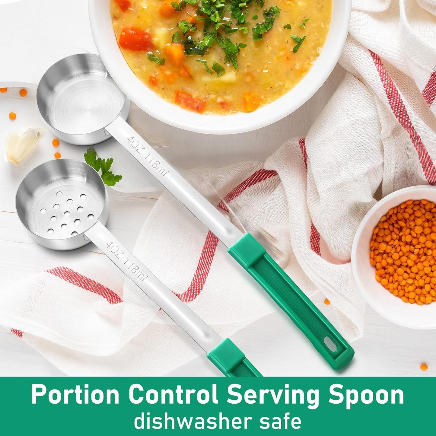 Teenyyou 2 Pcs Portion Control Serving Spoons, Restaurant Measuring Serving Ladle Utensils, Portion Spoons for Weight Loss, Kitchen(Red,2 oz,Solid and Slotted)