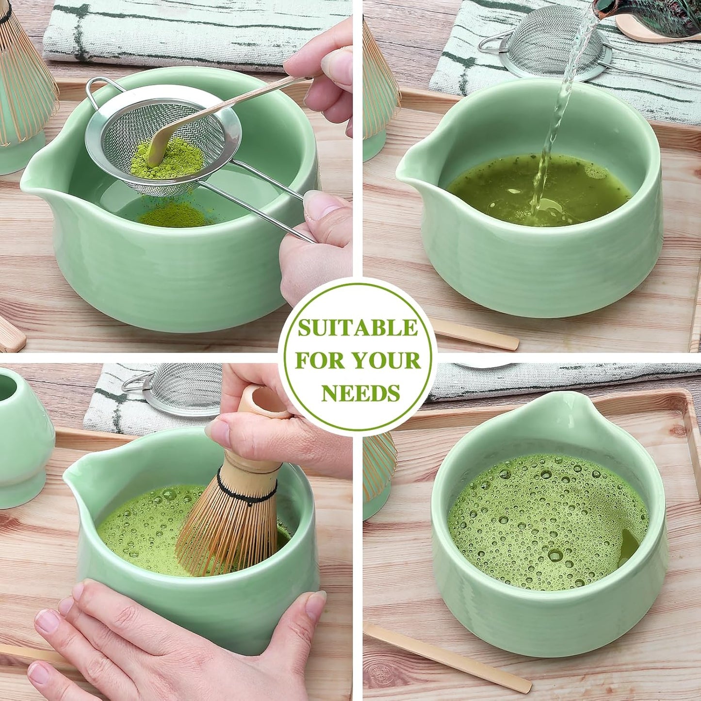 Accguan Matcha Whisk Set, 7pcs - Bamboo & Ceramic, Includes 19 oz Bowl, Whisk, Spoons, Holder, Sifter & More - Perfect for Matcha Lovers