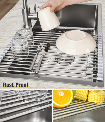 Tomorotec 17.7" x 15.5" Roll Up Dish Drying Rack Over Sink Drying Rack Sink Cover Kitchen Sink Accessories Gadget Multipurpose Organizer Foldable Stainless Steel Drainer