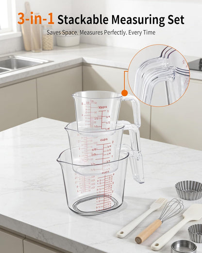 Measuring Cups，3-Piece Plastic Measuring Cups Set, 1L, 2 Cup, 1 Cup with Ml & Oz Markings, Non-Slip Base & Pour Spout for No Mess, Nesting Design for Kitchen, Baking & Cooking