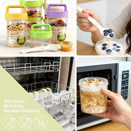 4 Pack Salad Cup with Dressing Container and Spoons - Portable Plastic Salad Prep Containers to Go - Leak-Proof Yogurt Parfait Cups - 2-Tier Meal Prep Containers for Breakfast & Lunch, Office, School