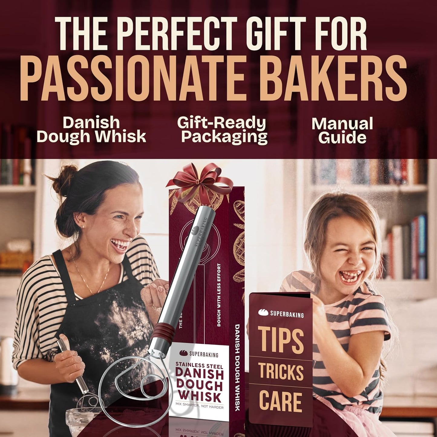 Superbaking Danish Dough Whisk - 12" Bread Whisk for Dough Mixing - Single Eye Design Sourdough Whisk - Sourdough Bread Baking Supplies - Bread Making Tools and Accessories - Ergonomic Wooden Handle