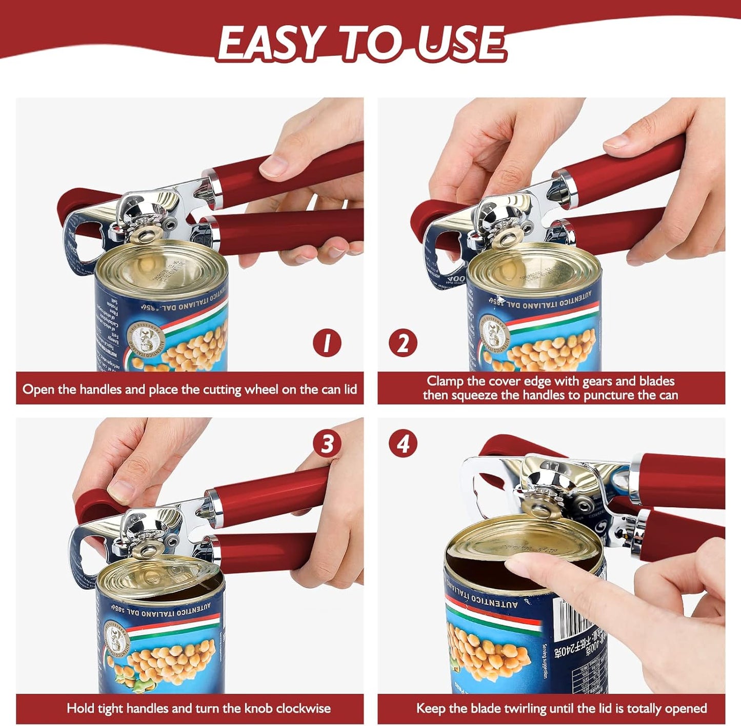 Mebotem 10 Colors Can Opener Manual Handheld Heavy Duty Hand Can Opener Smooth Edge Stainless Steel Can Openers Top Lid Kitchen Gadgets, Best Large Rated Easy Turn Knob, with Bottle Opener, Burgundy