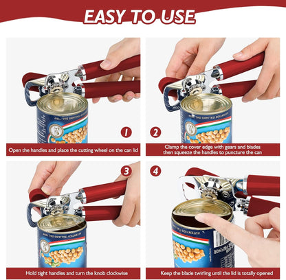 Mebotem 10 Colors Can Opener Manual Handheld Heavy Duty Hand Can Opener Smooth Edge Stainless Steel Can Openers Top Lid Kitchen Gadgets, Best Large Rated Easy Turn Knob, with Bottle Opener, Burgundy