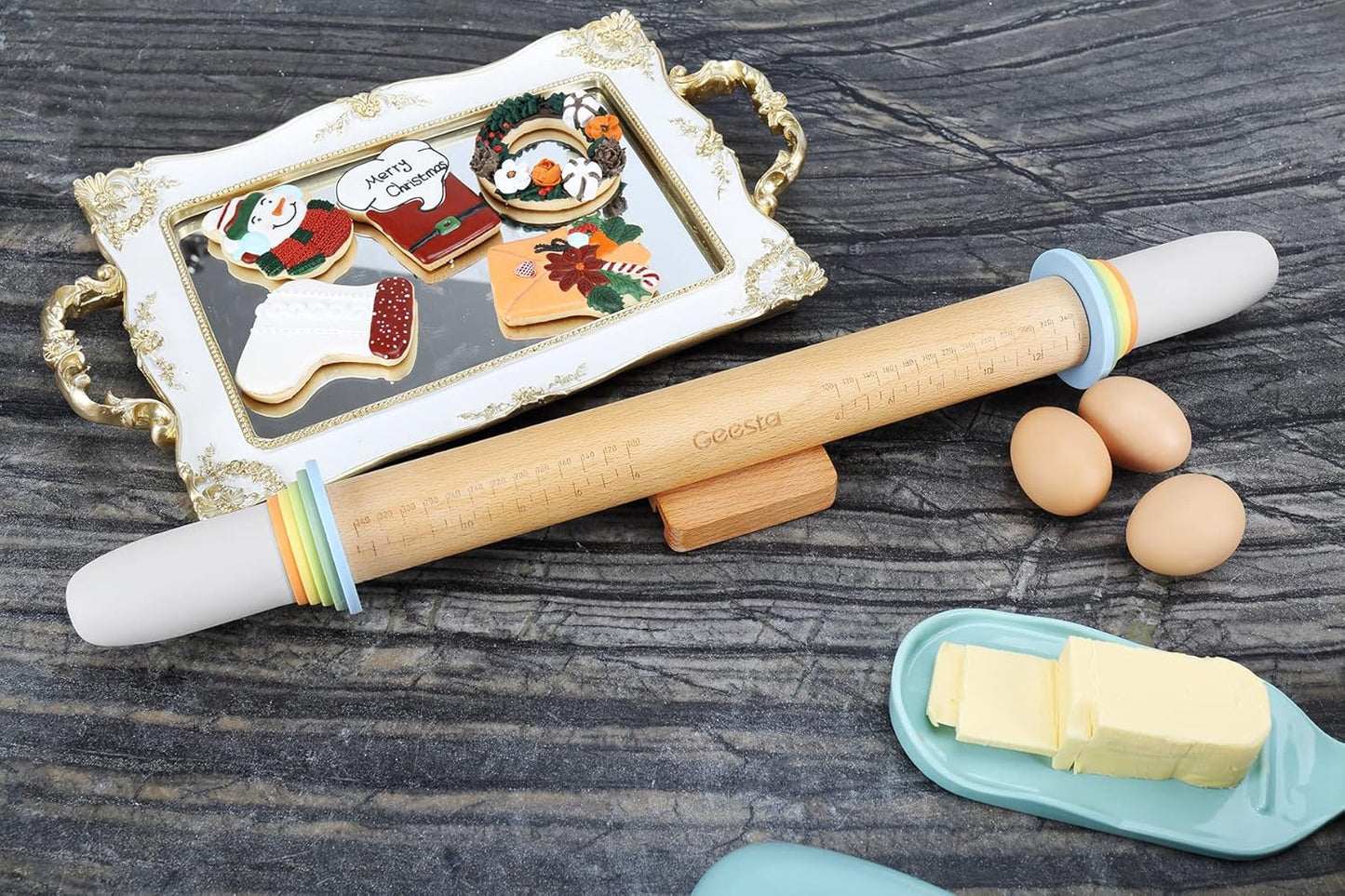 Geesta Adjustable Wood Rolling Pin with 5 Thickness Rings, Precise Dough Roller Handle Press Design with Measurement Guide for Fondant, Pizza, Pie Crust, Cookie, Pastry Baking Decorating Accessories