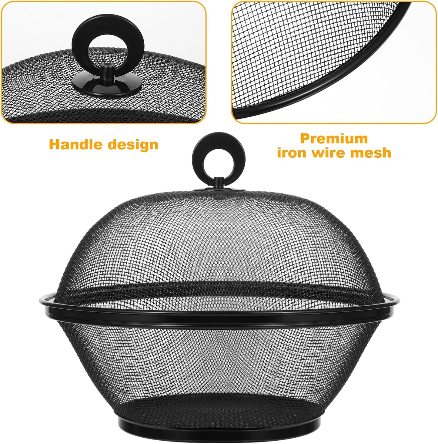 4 Pcs Mesh Food Cover with Lid, 10 Inch Iron Fruit Basket Fly Proof Strainer, Black and Red Metal Wire Container for Kitchen Countertop, Restaurant, Fruit Vegetable Storage