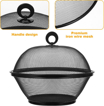 4 Pcs Mesh Food Cover with Lid, 10 Inch Iron Fruit Basket Fly Proof Strainer, Black and Red Metal Wire Container for Kitchen Countertop, Restaurant, Fruit Vegetable Storage