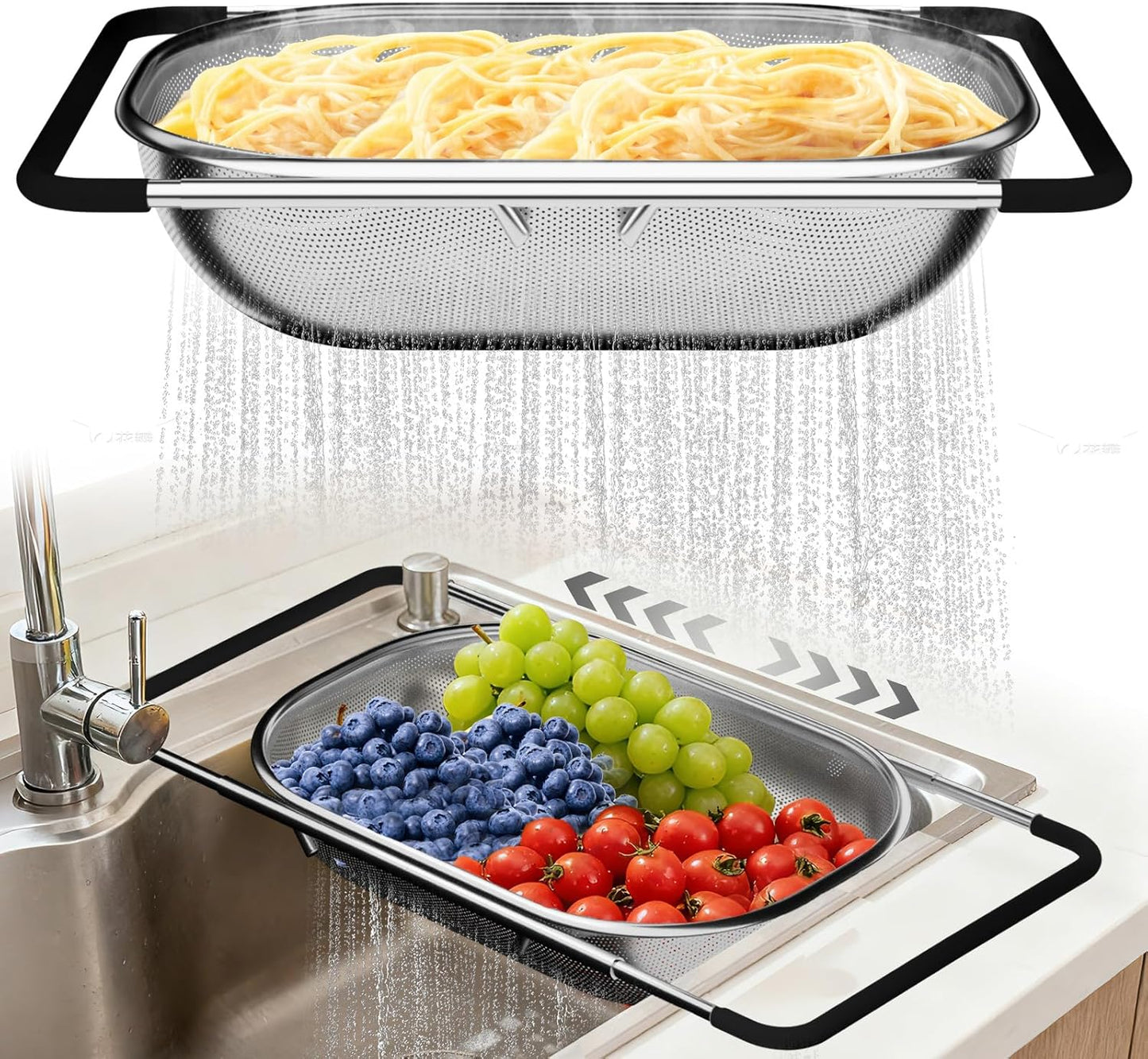 4-1 Colander with Bowl Set - Pasta Strainer - Colander for Kitchen - Strainers and Colanders Rice Strainer Fruit Cleaner Veggie Wash Sink Strainer Kitchen Essentials - Black