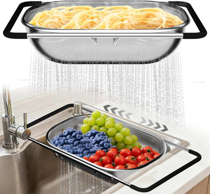 4-1 Colander with Bowl Set - Pasta Strainer - Colander for Kitchen - Strainers and Colanders Rice Strainer Fruit Cleaner Veggie Wash Sink Strainer Kitchen Essentials - Black