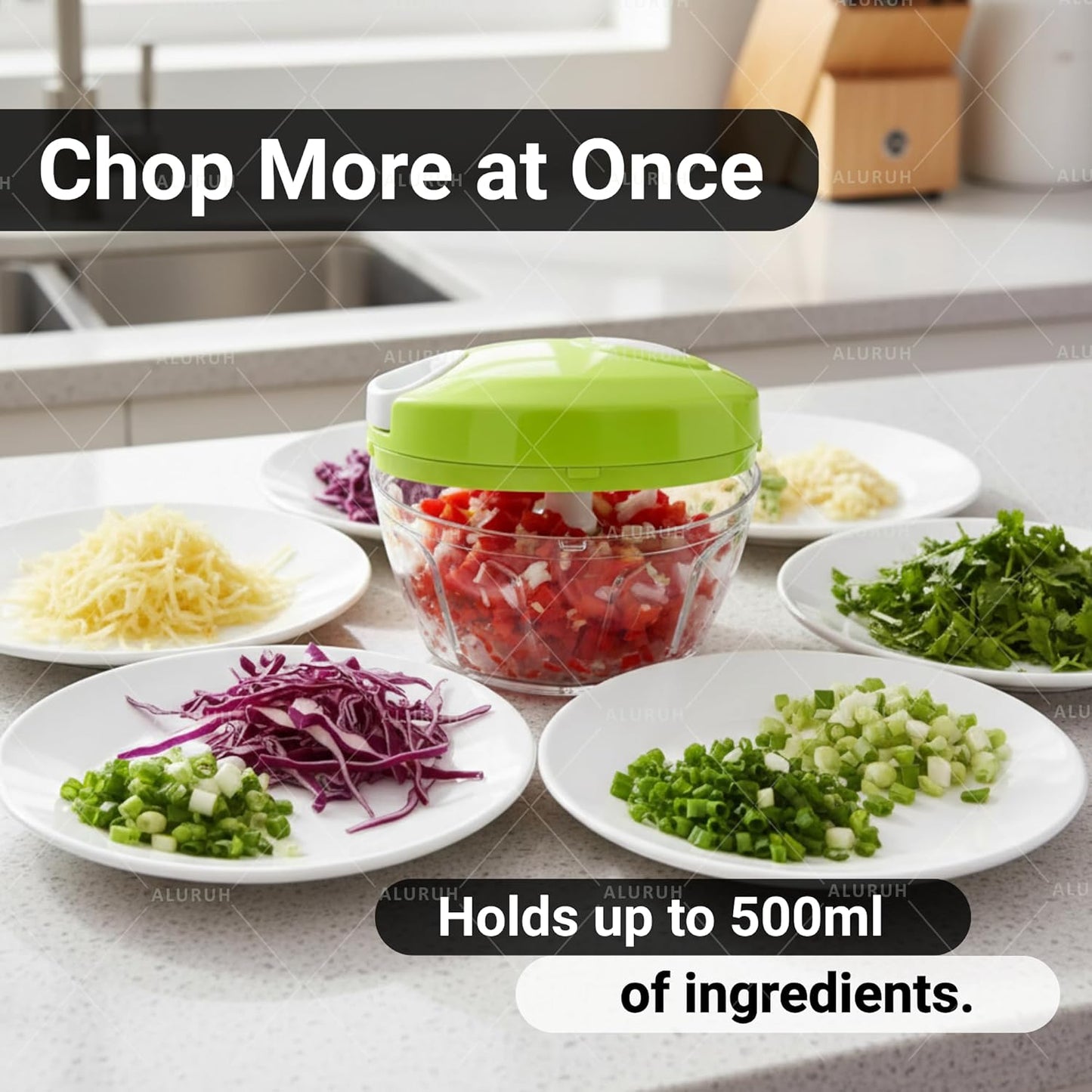 Manual Food Chopper with Hand Pull Rope Design, Stainless Steel Blade (GREEN)