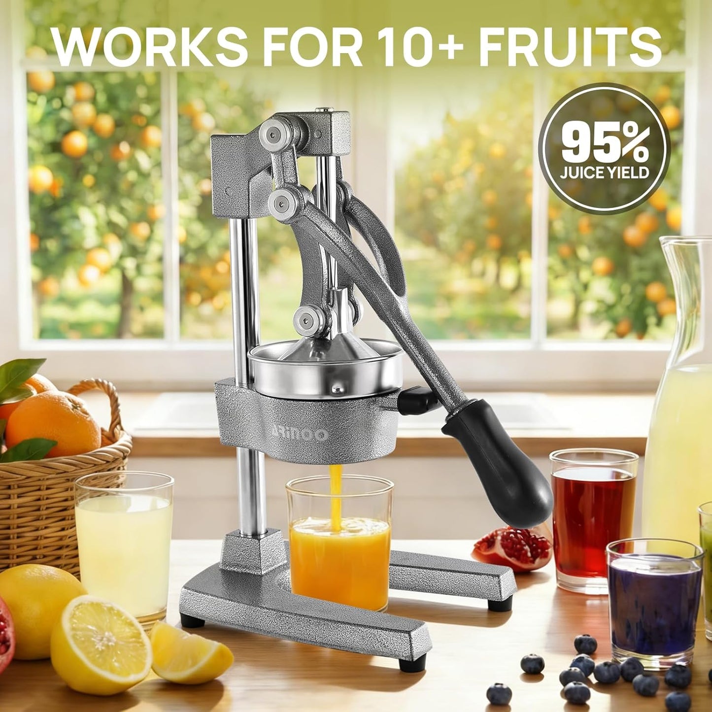 Kitchen Cast Iron Citrus Juicer,Manual Hand Press Orange Juicer,Heavy Duty Countertop Squeezer for Lemon,Orange, Easy to Use & Clean（Black)