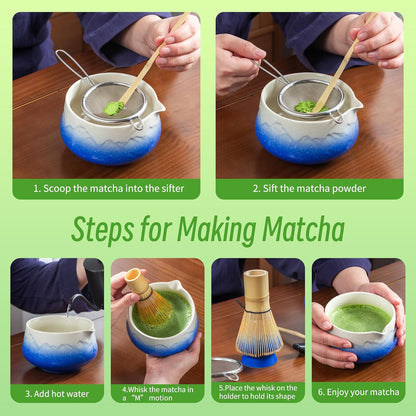TEANAGOO 7 Pcs Matcha Whisk Set, Pink Matcha Set, Ceremony Matcha Powder Kit,Matcha Tea Set for Making Latte,Matcha Whisk Set and Bowl with Scoop&Sifter,Fuji Design Ceramic Bowl,Gift for Matcha Lovers