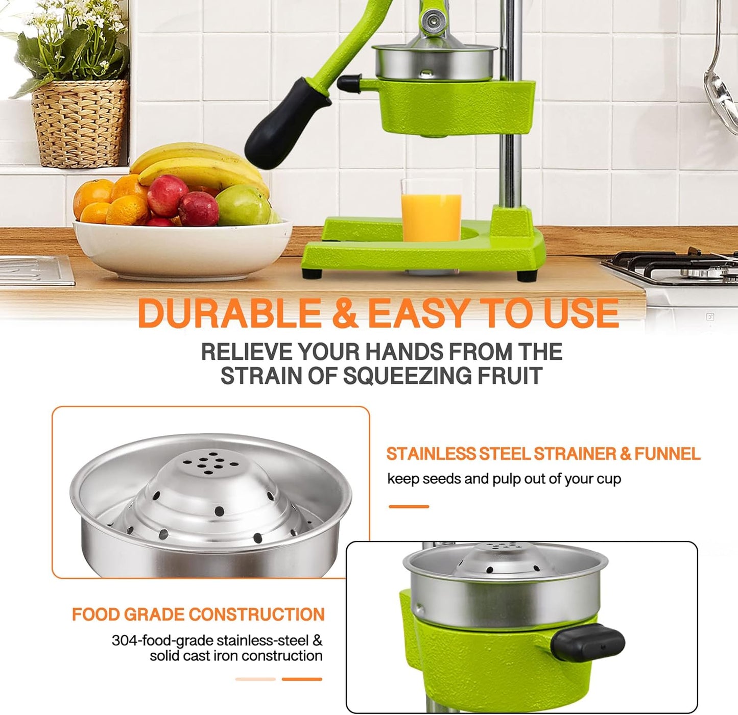 Commercial Heavy Duty Cast Iron Hand Press Manual Orange Citrus Lemon Lime Grapefruit Pomegranate Fruit Juice Squeezer Machine with Stainless Steel Cup