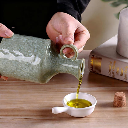 Ceramic Olive Oil Dispenser with Cork Stopper, Reactive Glaze Texture Oil Bottle, Leak - Proof Small Spout for Kitchen, Great for Storing Vinegar, Wine, Soy Sauce, Lemon Juice (GREEN)