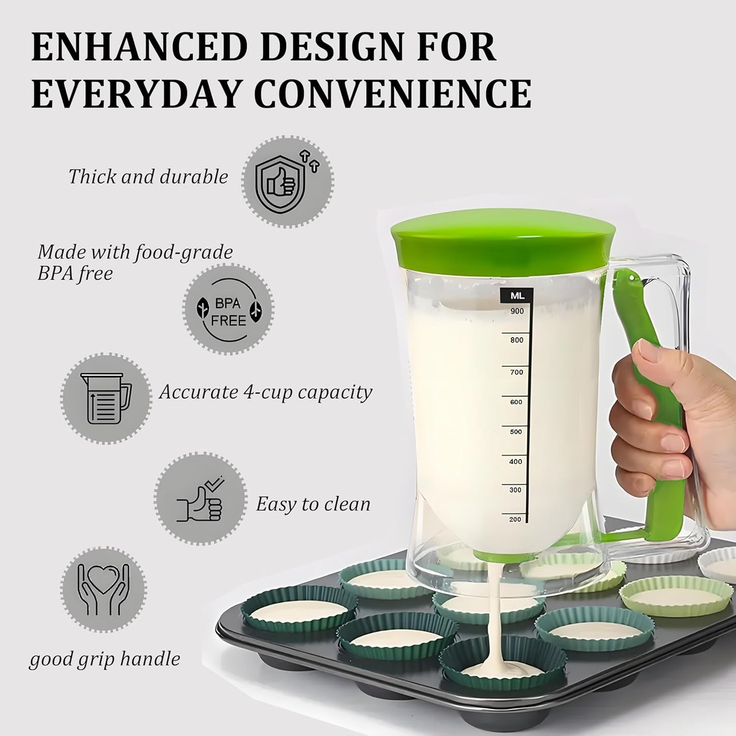 Pancake Batter Dispenser with Measuring Label, 4 Cup Capacity, 900ml With Squeeze Handle Kitchen Dispenser Bottle for Pancakes, Waffles, Muffins, Green