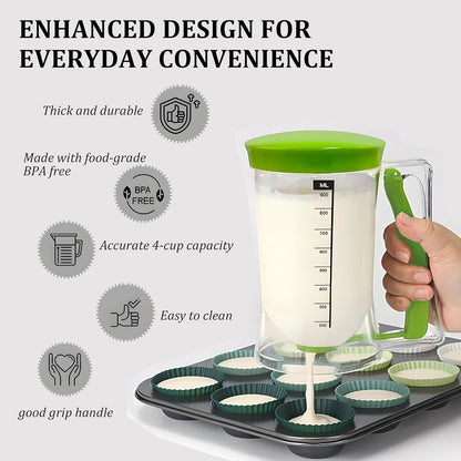 Pancake Batter Dispenser with Measuring Label, 4 Cup Capacity, 900ml With Squeeze Handle Kitchen Dispenser Bottle for Pancakes, Waffles, Muffins, Green