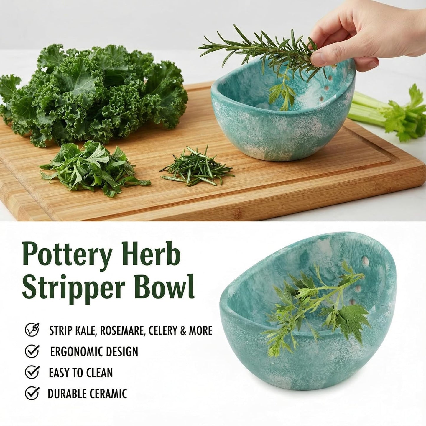 Handmade Ceramic Herb Stripper Bowl, Pottery Herb Stripping Bowl Peeling Cup with Different Hole Sizes for Separating Leaves and Stems (White)