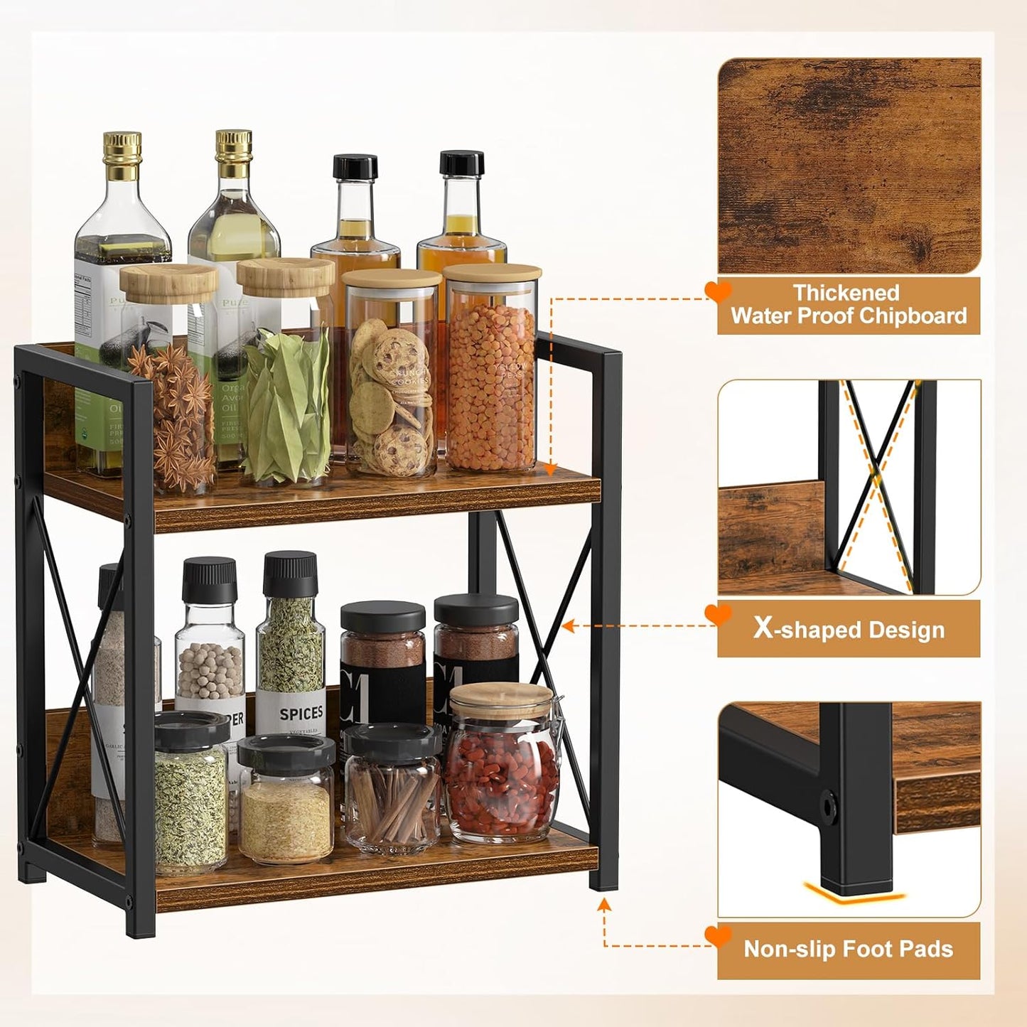 Giikin Countertop Shelf Organizer, 2 Tier Kitchen Spice Rack for Countertop, Wood Coffee Counter Shelf Organizer for Home (Brown, S)