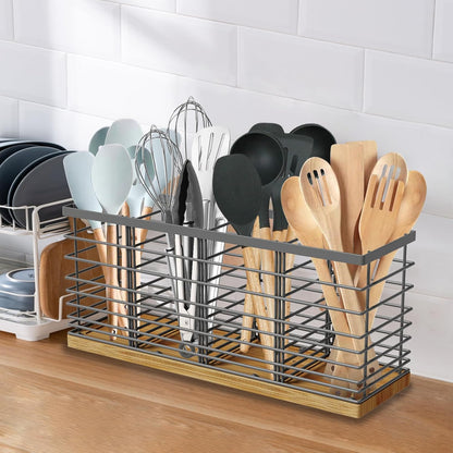 Suli Extra Large Kitchen Utensil Holder Countertop with 4 Compartments,Matte Black Metal holder with Wooden Base for Countertop,Farmhouse Utensil Organizer for counter,Rustic Cooking Utensil Organizer