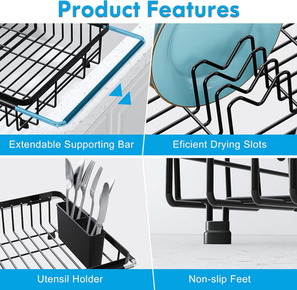 JASIWAY Roll Up Dish Drying Rack, Expandable (12.8"-23.8" D x 12.8" W) Stainless Steel Portable Drainer for Kitchen Sink Counter, Foldable Over The Sink Cover with Removable Utensil Holder
