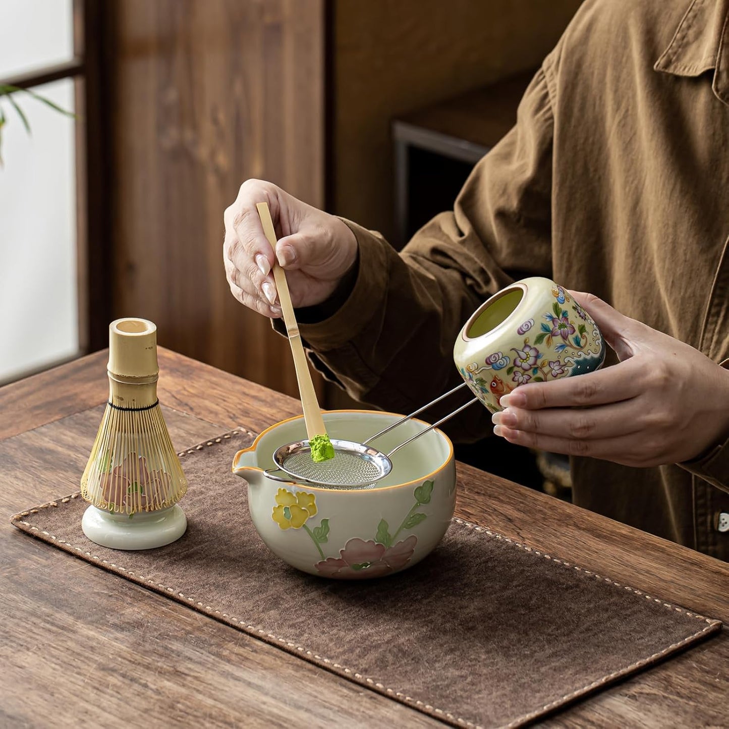 Matcha Set, Matcha Whisk Set Includes Matcha Bowl and Whisk, Whisk Holder, Sifter, Scoop, Spoon Holder, Tea Towel- 7pcs Perfect Matcha Kit for Matcha Tea Ceremony