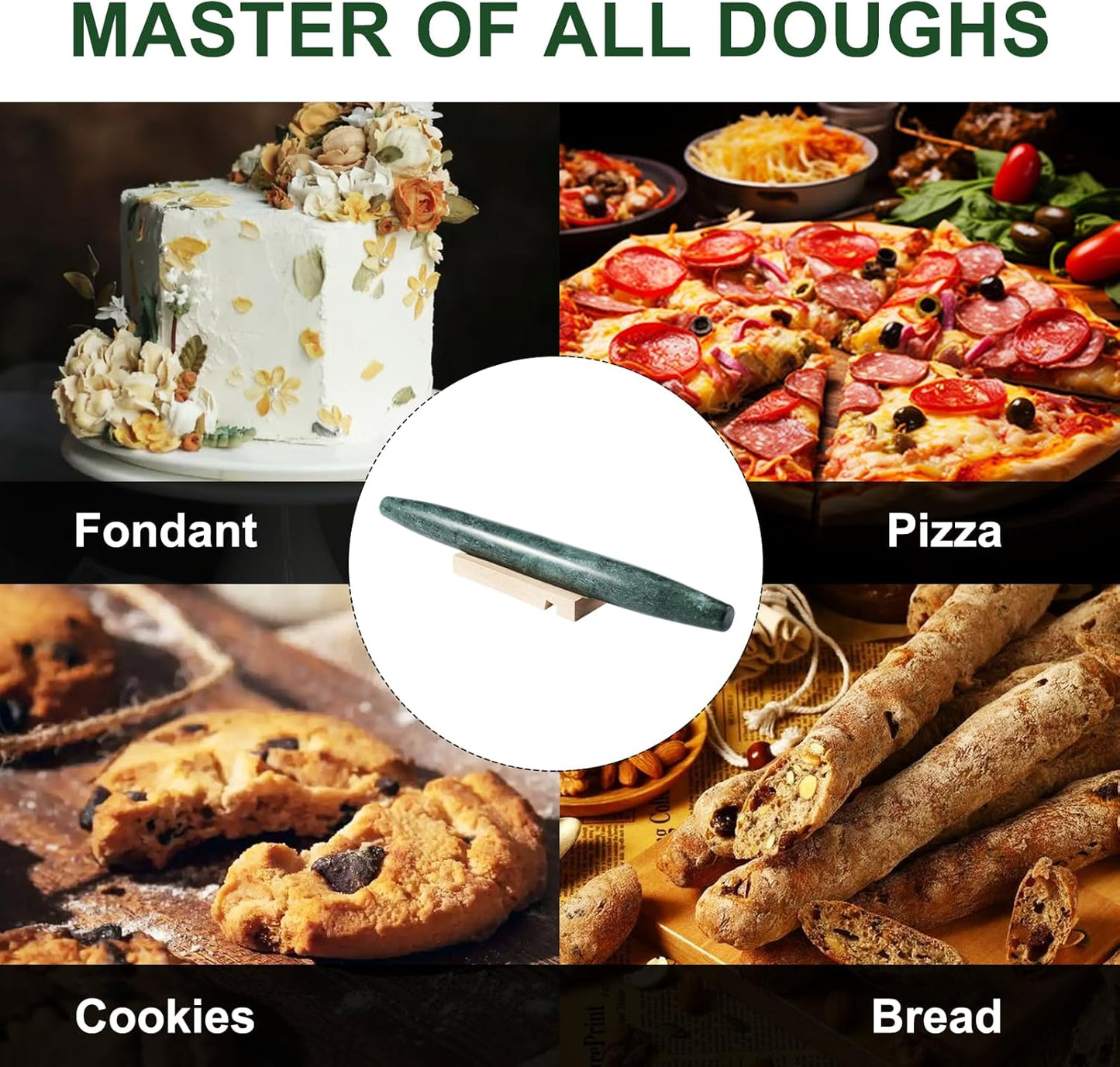 Marble French Rolling Pin for Baking, 12 Inch Non Stick Polished Rolling Pin for Dough, Heavy Dough Roller for Fondant Pizza Pie Crust Cookie Pastry Bread, Kitchen Baking (Indian Green)