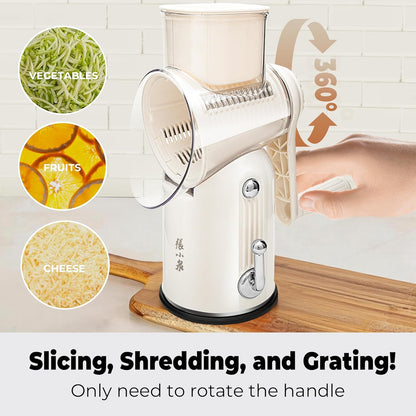 ZHANG XIAO QUAN SINCE 1628 Rotary Cheese Grater, Cheese Shredder with Stable Suction Base, Labor-Saving Vegetable Slicer for Kitchen, Mandoline Slicer & Food Chopper & Kitchen Prep Tool, 5-in-1, Beige