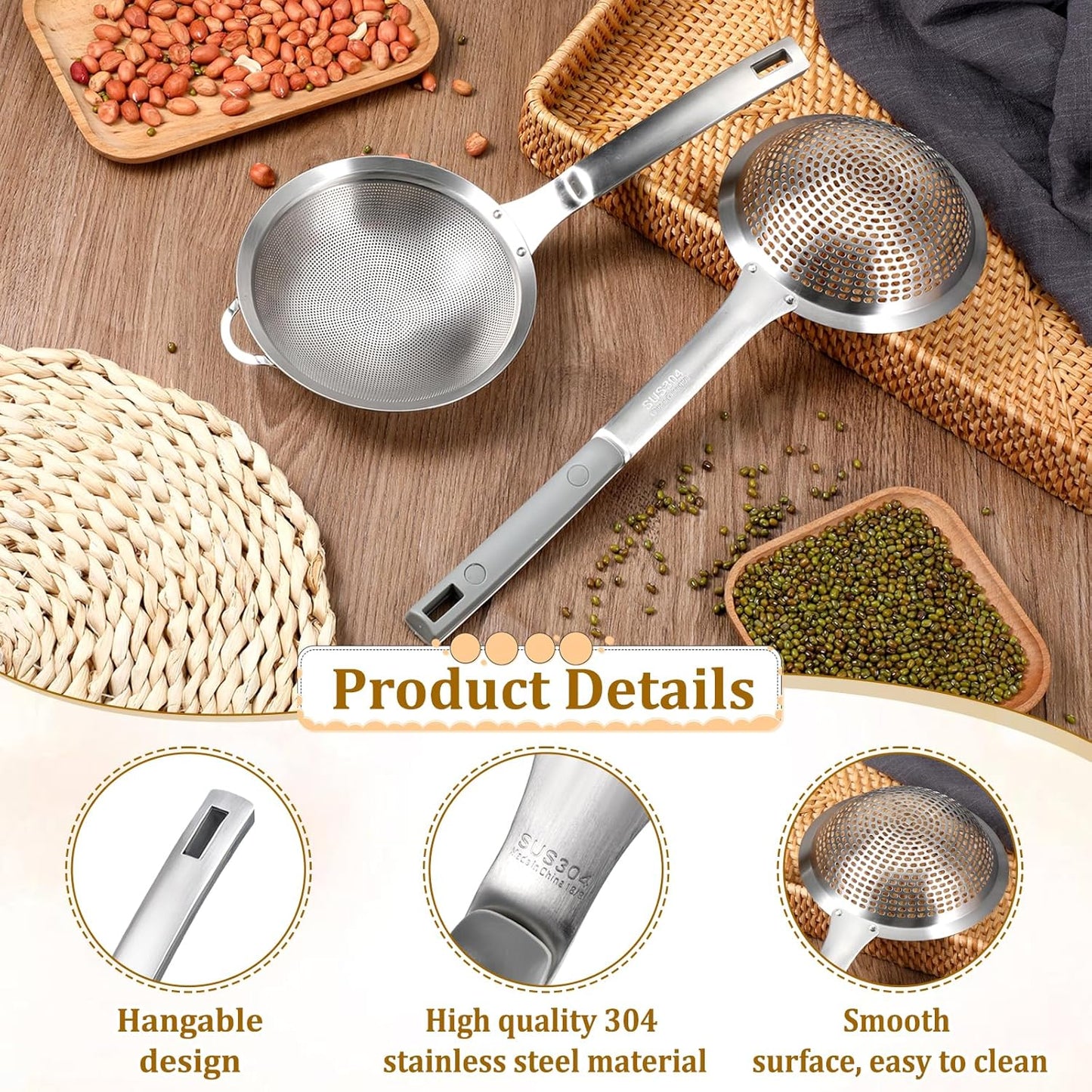 2 Pcs Large Holes Slotted Colander Frying Spoon Set With Handle, Fine Mesh Stainless Steel Sieve Food Strainer, Spider Strainer Skimmer, Handheld For Kitchen Cooking Tool