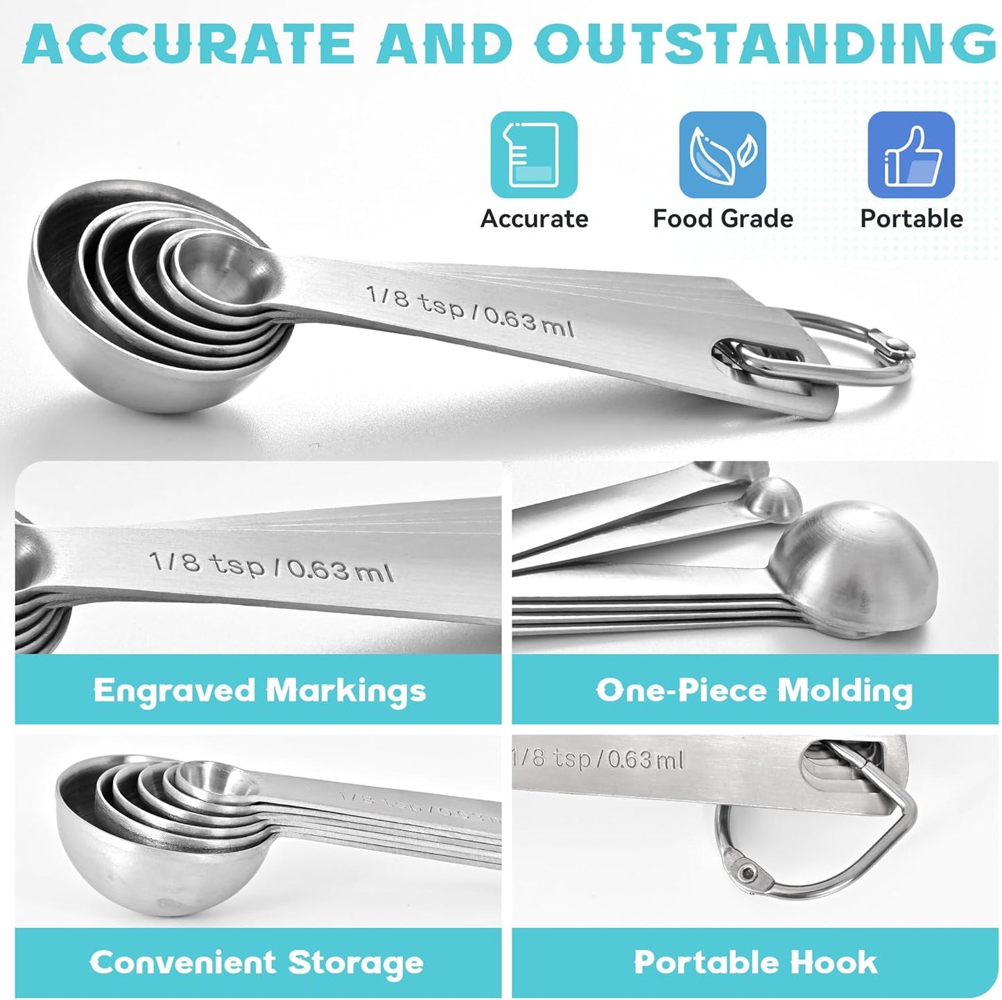 Measuring Spoons Used to Measure Various Dry and Liquid Ingredients, Useful Gadgets for Kitchen, Stainless Steel 6-piece Set