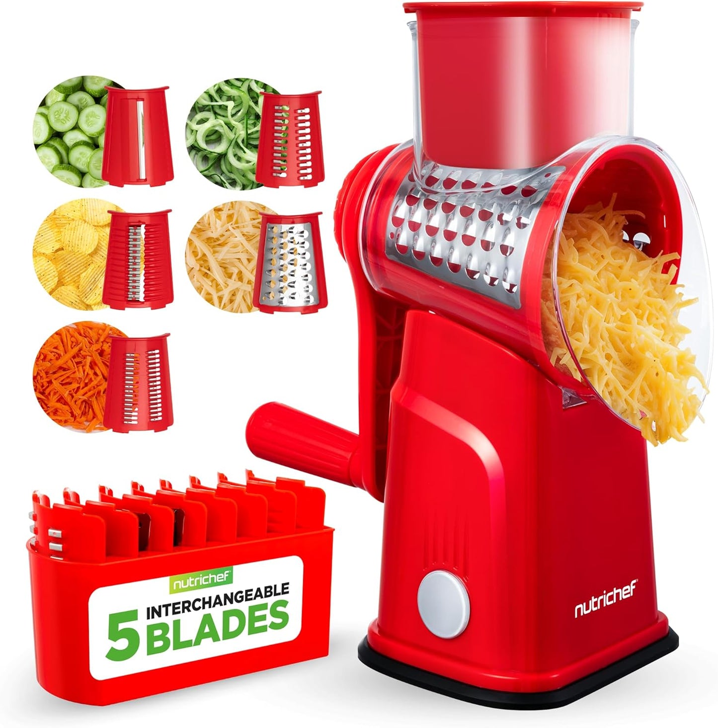 NutriChef 5 in 1 Cheese Grater & Shredder | 5 Different Blades for Thin, Thick, Julienne Strips, Wavy, & Straight Strips | Includes Hand Crank, Strong Suction Base & Storage Container | Black