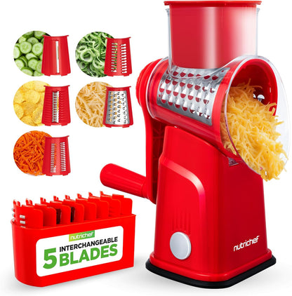 NutriChef 5 in 1 Cheese Grater & Shredder | 5 Different Blades for Thin, Thick, Julienne Strips, Wavy, & Straight Strips | Includes Hand Crank, Strong Suction Base & Storage Container | Black