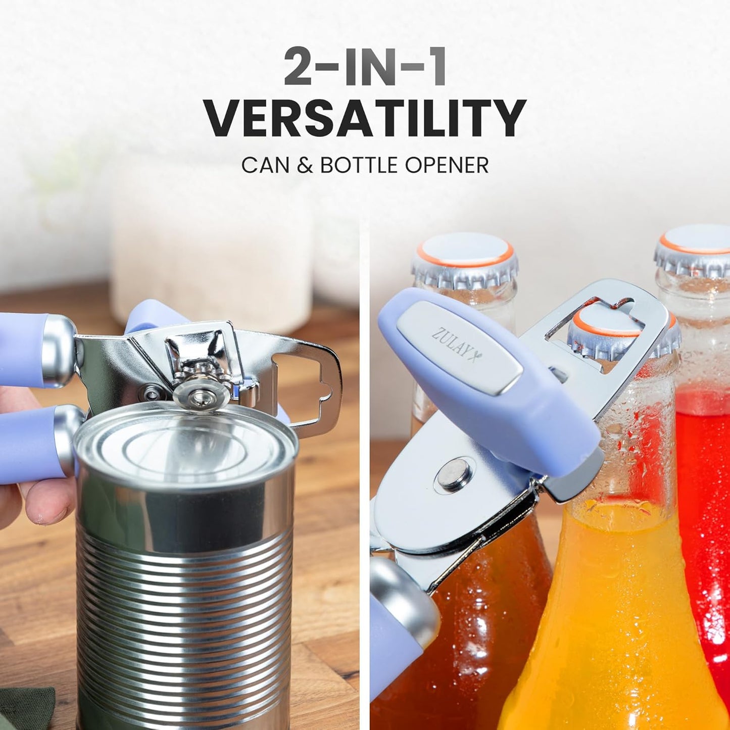 Zulay Kitchen Heavy Duty Stainless Steel Can Opener Manual with Bottle Opener - Rust Proof Manual Can Opener With Turn Knob & Comfy Soft Grip Handles - Black