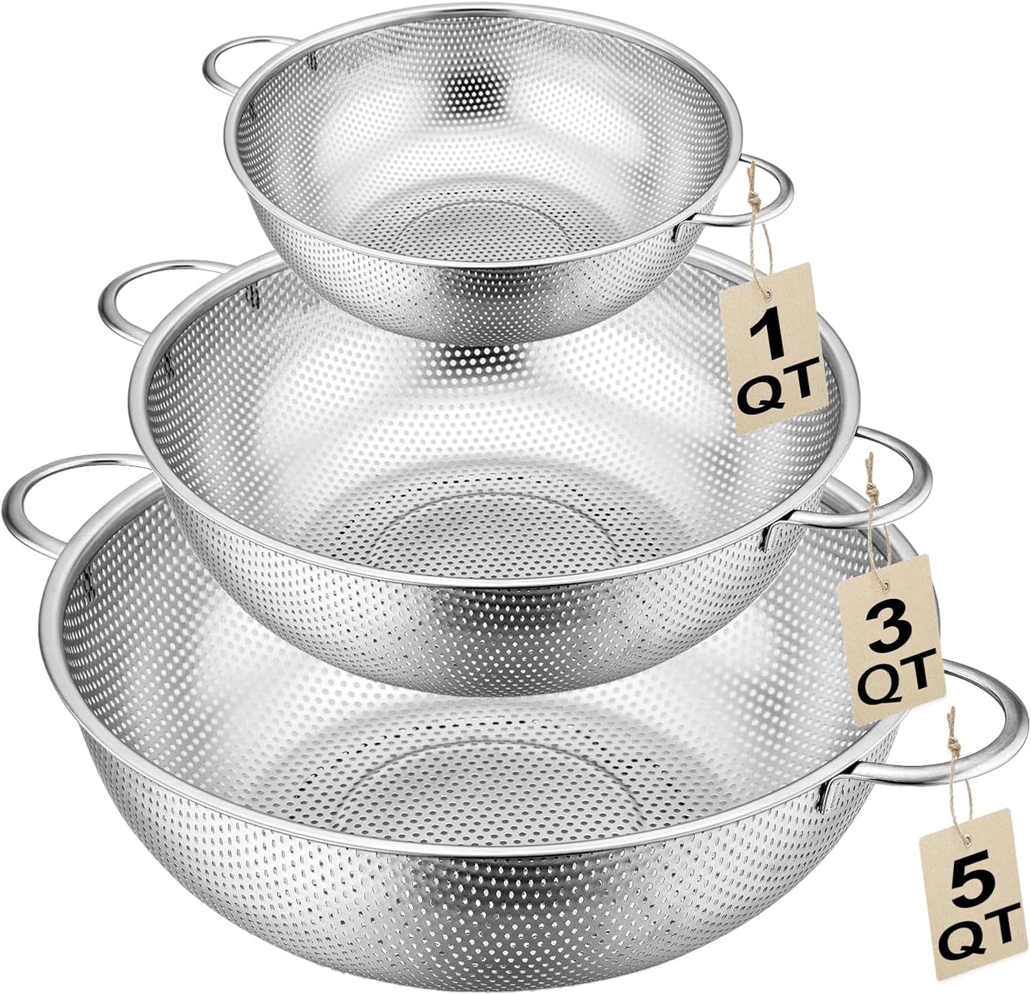 Stainless Steel Colander, 3-Quart Micro-Perforated Metal Colander Strainer with Handle for Kitchen/Draining Pasta/Rinsing Vegetables Fruits,Dishwasher Safe - 8.8 Inches