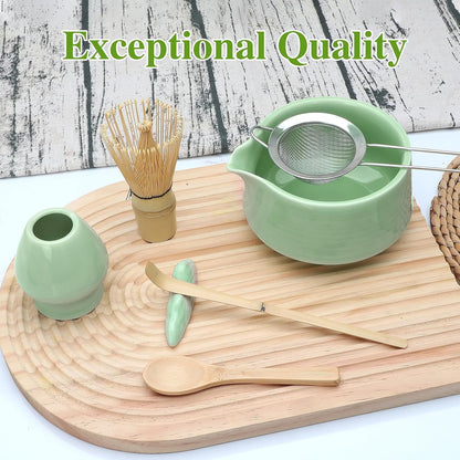 Accguan Matcha Whisk Set, 7pcs - Bamboo & Ceramic, Includes 19 oz Bowl, Whisk, Spoons, Holder, Sifter & More - Perfect for Matcha Lovers