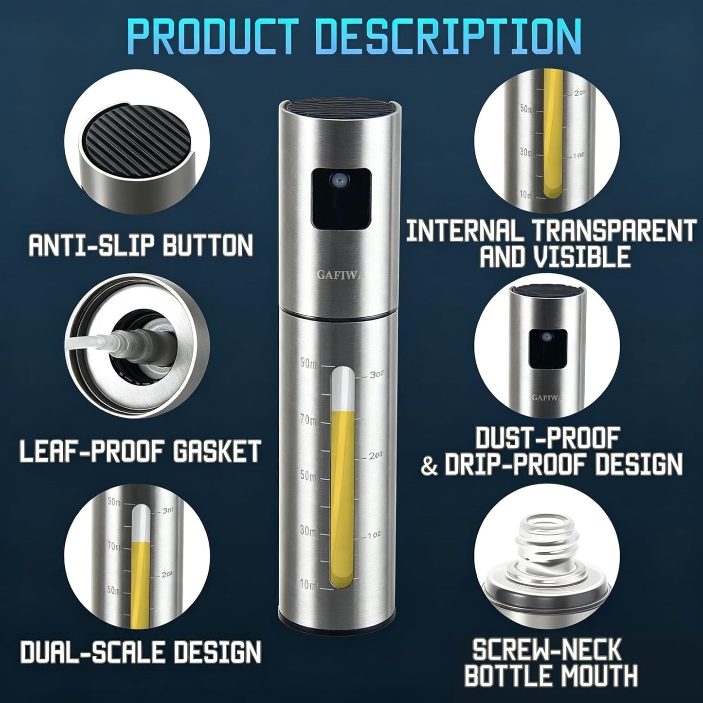 Olive Oil Sprayer for Cooking, Small Avocado Oil Spray Bottles, Stainless Steel Oil Sprayer for Cooking, Oil Mister Dispenser Spritzer Bottle for Kitchen, 100ml, Leak-Proof and Portable.