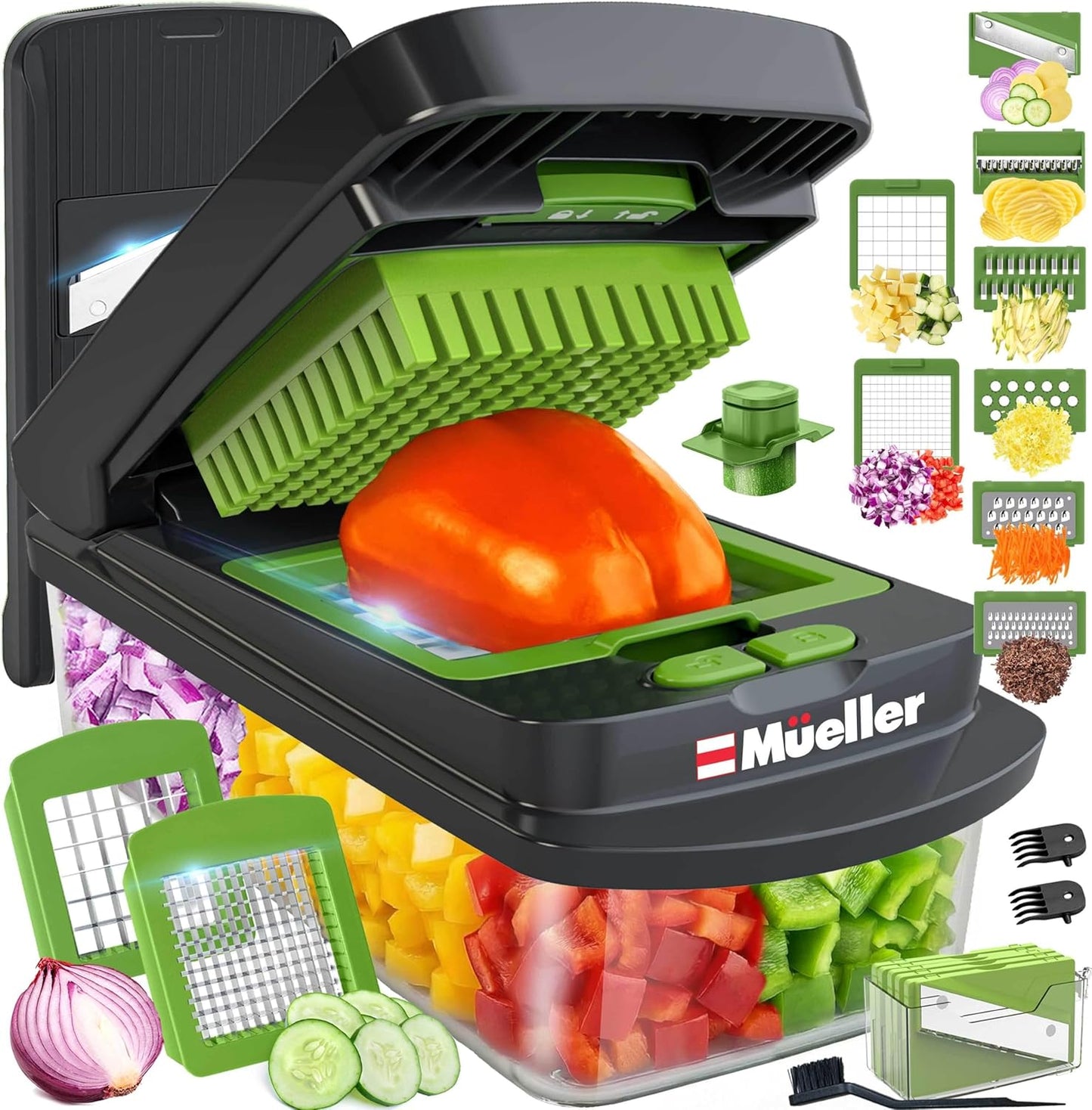 Mueller Pro-Series 10-in-1, 8 Blade Vegetable Chopper, Onion Mincer, Cutter, Dicer, Egg Slicer with Container, French Fry Cutter Potato Slicer, Home Essentials, Salad Chopper White Sand/Green