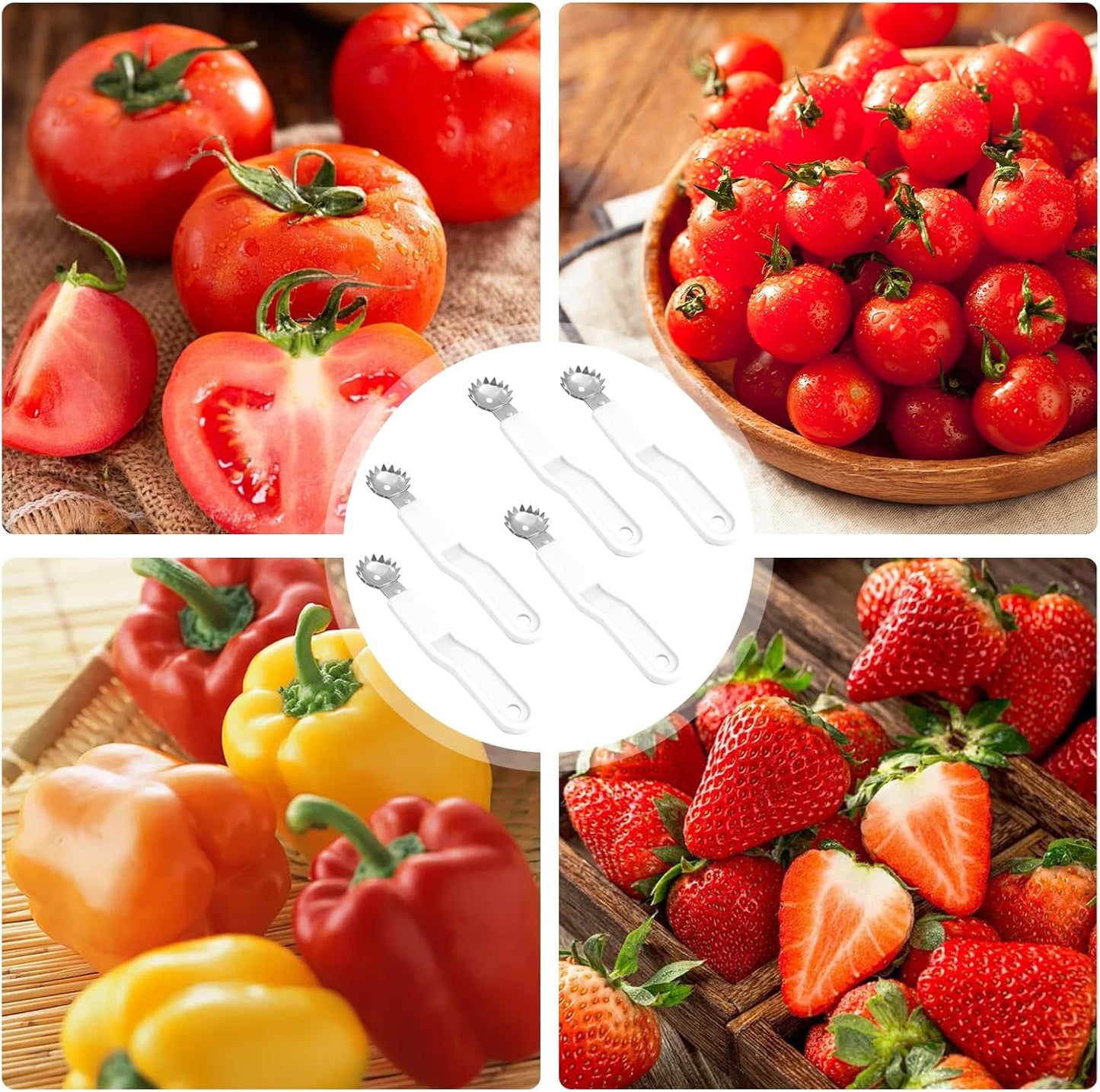 5 Pcs Tomato Corer Tool Strawberry Huller Stem Remover, Handle with hole, Stainless Steel, Fruit Corer Tool for Tomato Strawberry (Red+White)