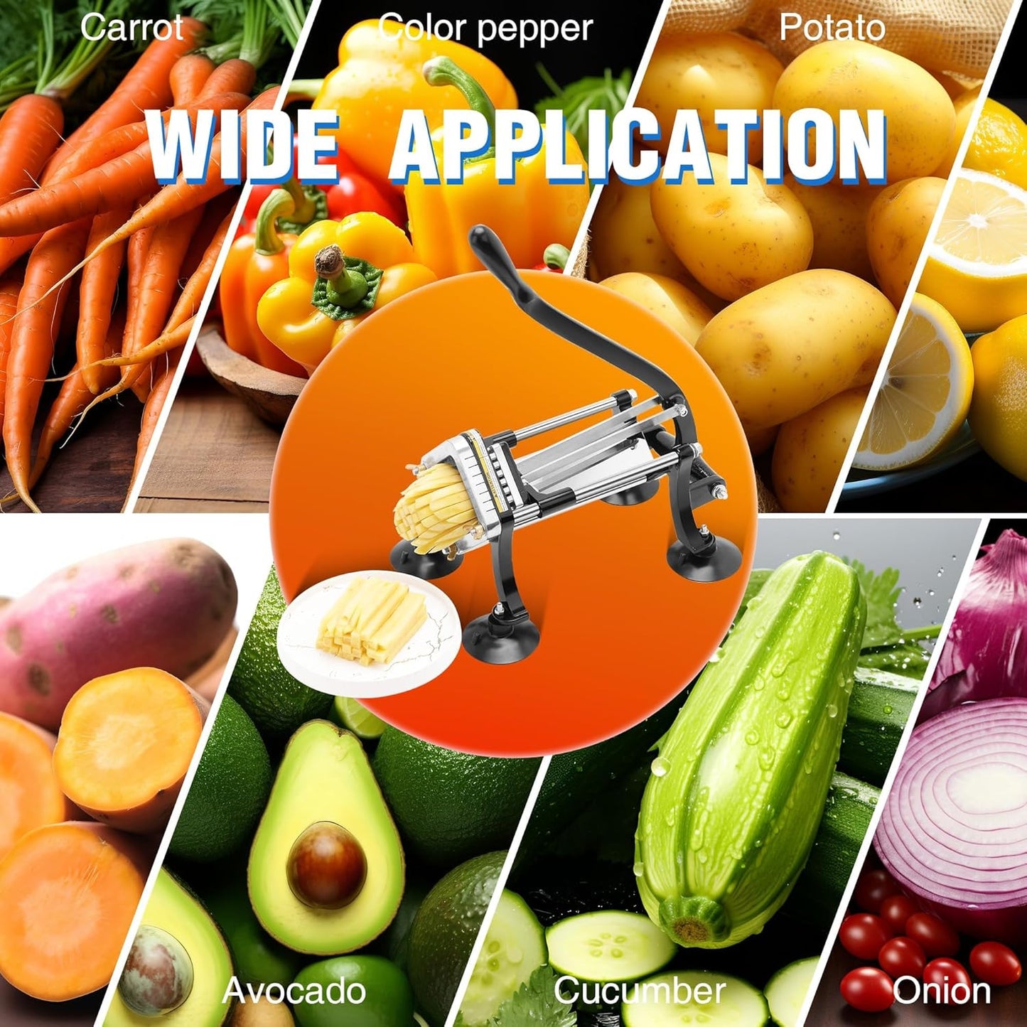 French Fry Cutter for Potatoes, Stainless Steel Potato Cutter for Fries with 1/2", 3/8", 1/4" Replaceable Blades, Glove, and Brush