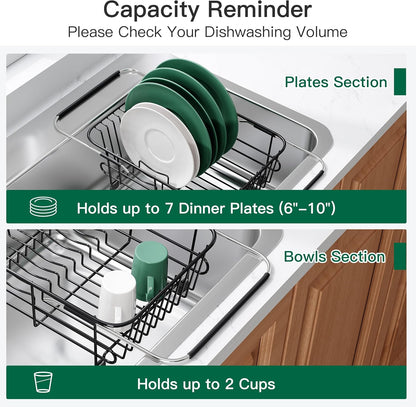 JASIWAY Roll Up Dish Drying Rack, Expandable (12.8"-23.8" D x 12.8" W) Stainless Steel Portable Drainer for Kitchen Sink Counter, Foldable Over The Sink Cover with Removable Utensil Holder