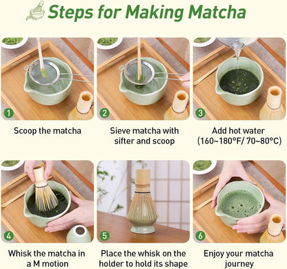 Matcha Whisk Set,5 Pcs Matcha Kit includes 18OZ Ceramic Bowl with Spout,Bamboo Whisk,Holder,Bamboo Scoop, Stainless Sifter for Matcha Lovers or Beginners