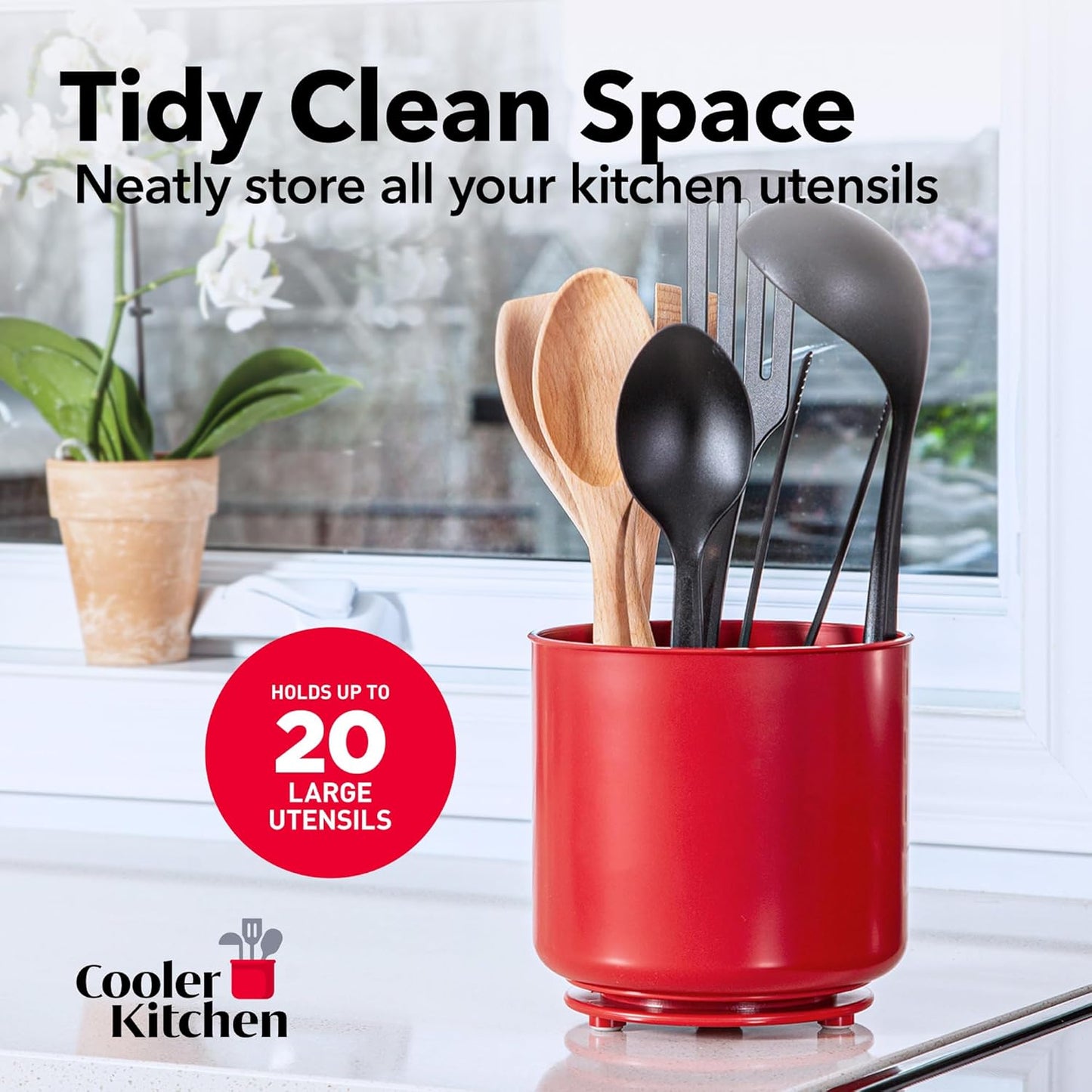 Cooler Kitchen Jumbo Extra Large Sturdy Rotating Black Utensil Holder Caddy with No-Tip Weighted Base, and Gripped Insert - Rust Proof and Dishwasher Safe Kitchen Utensils Holder