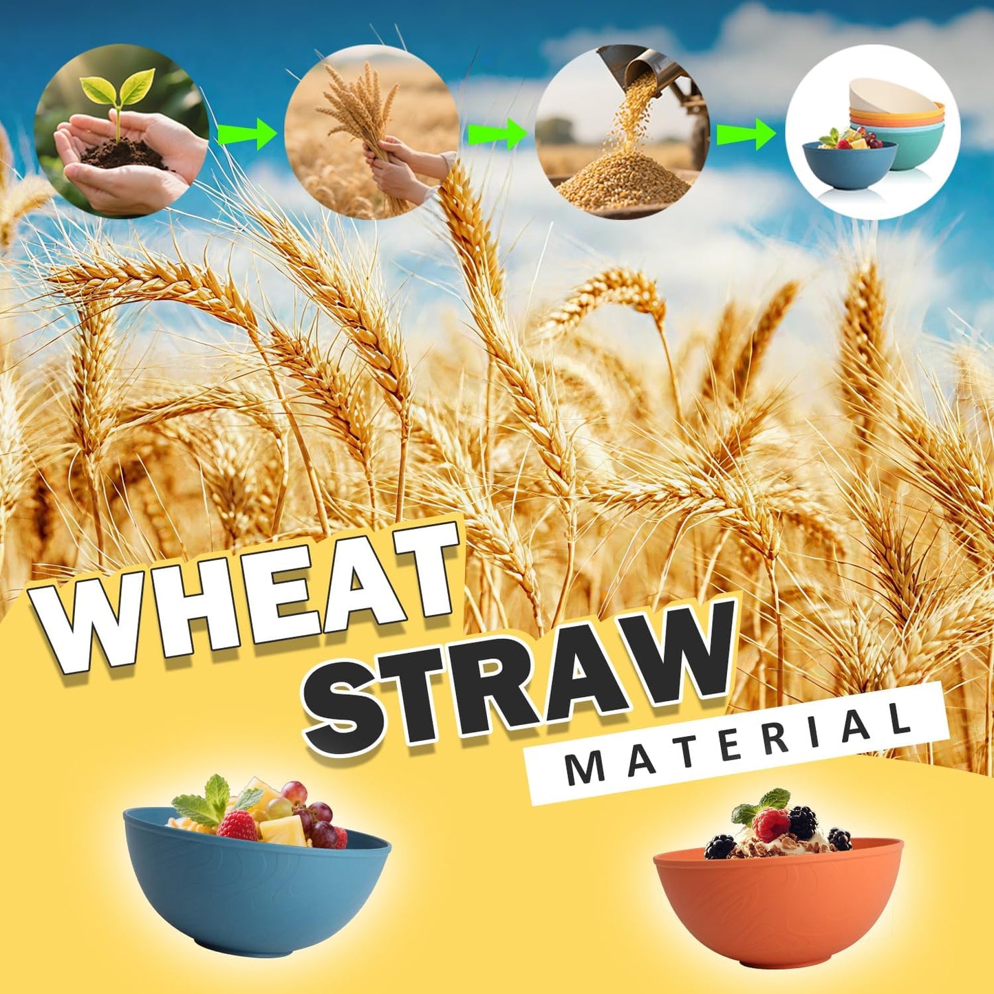 Wheat Straw Bowls Set with Lids, Unbreakable 40 OZ Cereal Bowls Set of 4, Salad Container for Lunch, Microwave & Dishwasher Safe Bowl Set for Kitchen, Picnic, RV, Camping, Multi