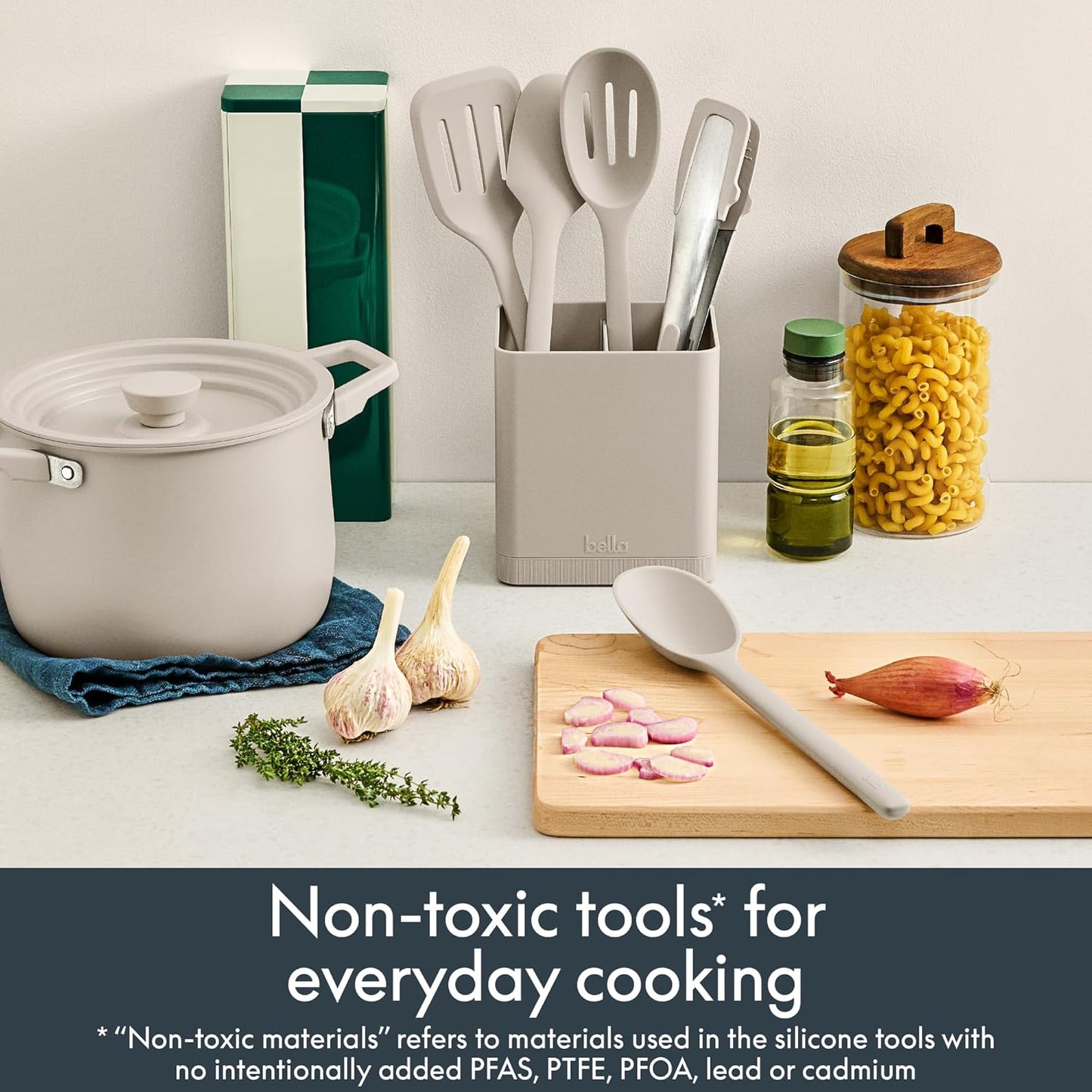 bella 6-Piece Modular Tool Set, Silicone, Turner, Spoon, Slotted Spoon, Spatula, Tongs, Crock with removable divider, Non-toxic*, Food-grade, Heat safe to 425°F, Dishwasher Safe, Slate