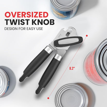 Zulay Kitchen Can Opener with Large Bottle Opener - Heavy Duty Stainless Steel Manual Can Opener with Turn Knob and Soft Grip Handles - Black