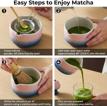 Matcha Whisk Set ,7 Pcs Matcha Set, Matcha Kit for Ceremony, Tradition Tea Set for Making Breakfast/Latte, with 20 OZ Bowl(Chawan)/Whisk and Holder, Valentine's Day Gift for Family/Friend Tea Lovers