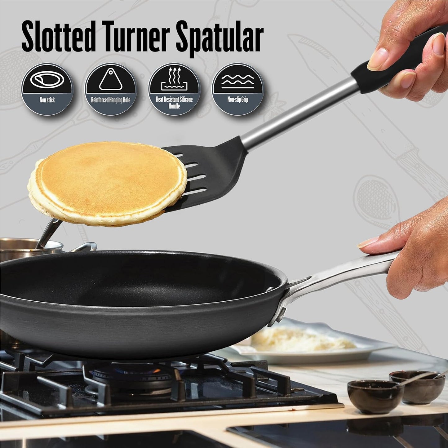 Silicone Spatula Set (2-Pc) - 600°F Heat Resistant, BPA Free, Non-Scratch, Dishwasher Safe I Slotted & Solid Kitchen Spatula Turners I Ideal for Eggs, Pancakes, Fish I Stainless Steel I Gray